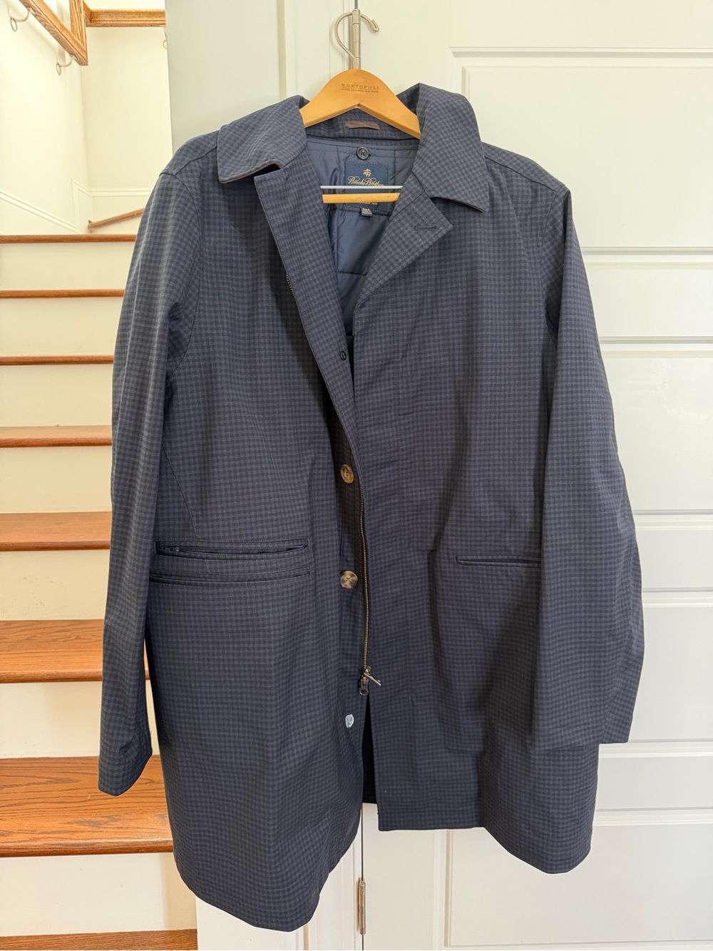 Brooks Brothers Men's Navy Micro-Check Overcoat Trench